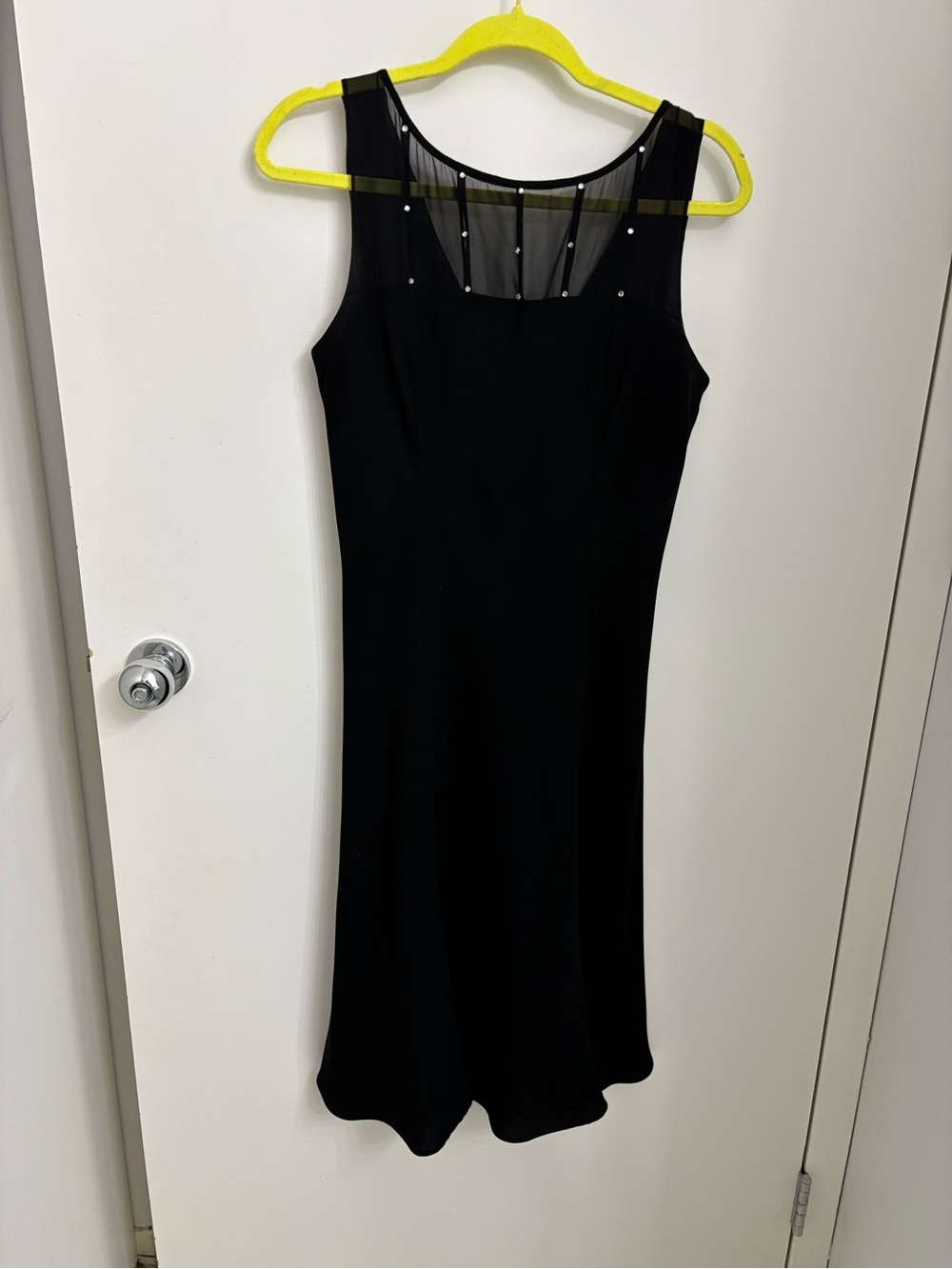 Evan Picone formal black lined sleeveless dress with rhinestone detail